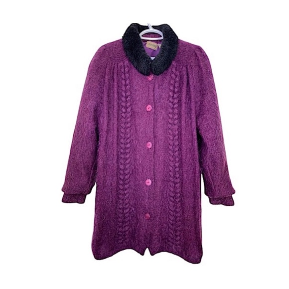 Vintage Sweaters - Vintage 80s Mohair Blend Knit Sweater Jacket Faux Fur Collar Fuzzy Plum Purple M